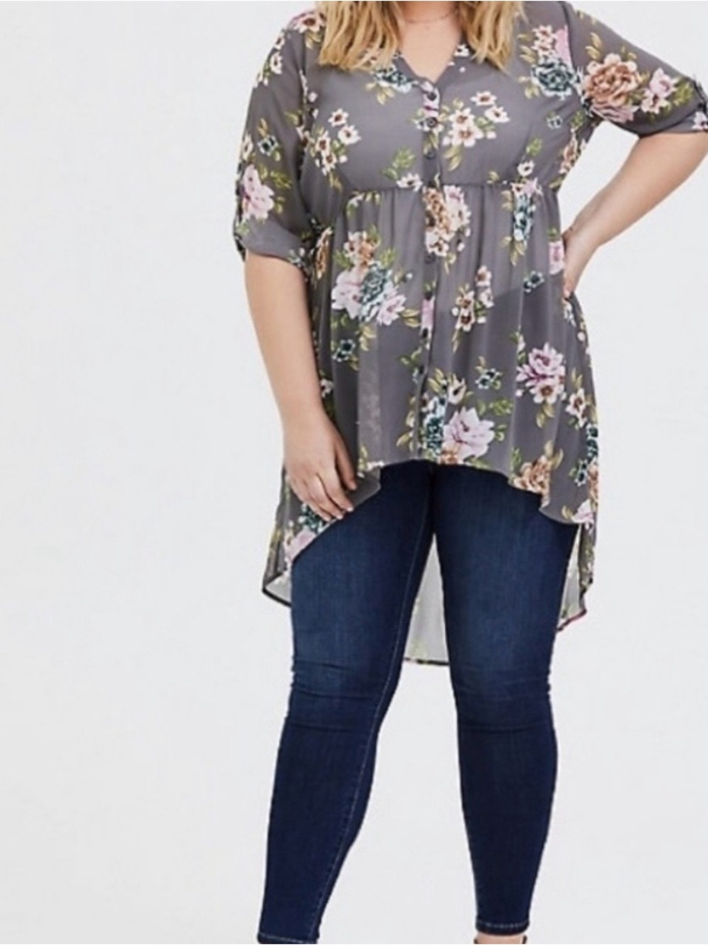 torrid Gray Chiffon Floral High-Low Tunic with Pink & Green Accents